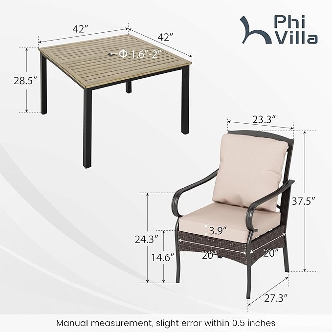 PHI VILLA 5-Piece Outdoor Dining Set, Heavy Duty Patio Table and Chairs Set with Umbrella Hole for 4, 42" Square Patio Woodgrain Metal Table with Wicker Metal Chairs with Cushions