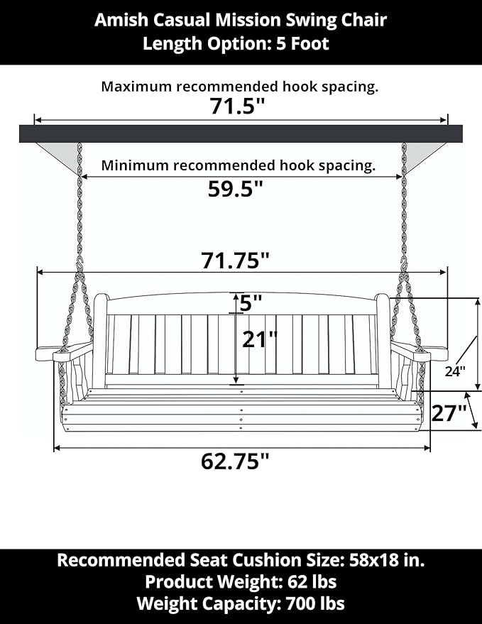 Amish Heavy Duty 800 Lb Mission Treated Porch Swing with Hanging Chains (5 Foot, Oak Stain)