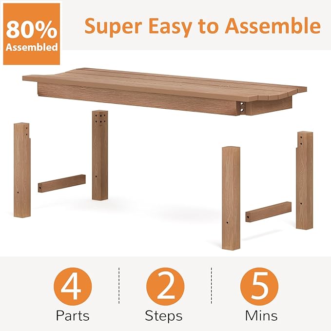 Outdoor Bench Set of 2, 2-Person Patio Backless Benches, HIPS Weatherproof Garden Bench that Never Rot and Fade, Suit for Backyard, Church, Patio, Deck and Entryway (Teak)