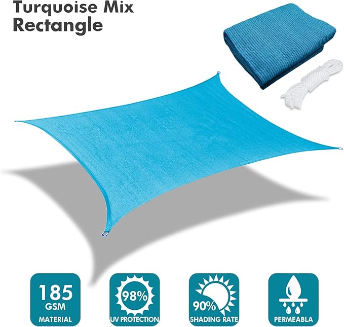 KANAGAWA 10'X16' Turquoise Mix Custom Size Sun Shade Sail Rectangle UV Block Canopy Cover for Patio Backyard Lawn Garden Outdoor (Customized Available)