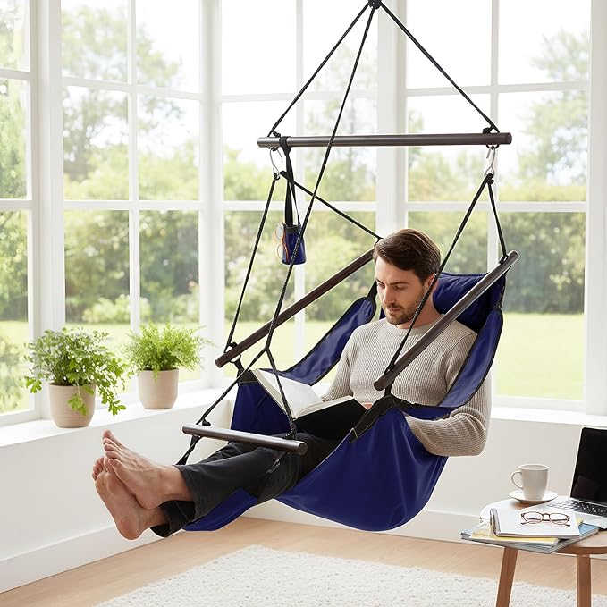 ONCLOUD Sky Chair, Deluxe Hanging Hammock Air Chair Swing Seat with Pillow, Drink Holder, Solid Wood Weather Resistant for Indoor/Outdoor Yard Garden Tree Patio Porch, 250 LBS (Navy Blue)