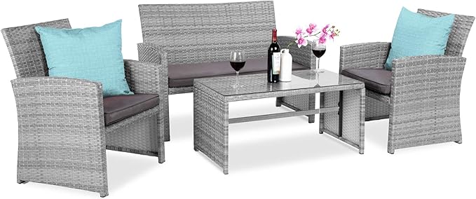 Best Choice Products 4-Piece Outdoor Wicker Patio Conversation Furniture Set for Backyard w/Coffee Table, Seat Cushions - Gray/Gray