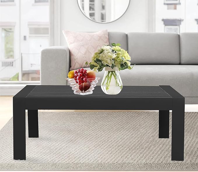 All-Weather Aluminum Outdoor Coffee Table, Modern Coffee Table for Outside, Rectangle Patio Coffee Table for Balcony Garden, Black