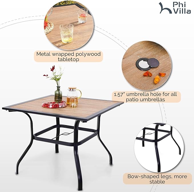 PHI VILLA 5 Pieces Outdoor Dining Set with Umbrella for 4, 37" Square Metal Polywood Table & Cushioned Wicker Rattan Chairs & 10ft Navy Blue Umbrella Furniture for Patio, Deck, Yard, Porch