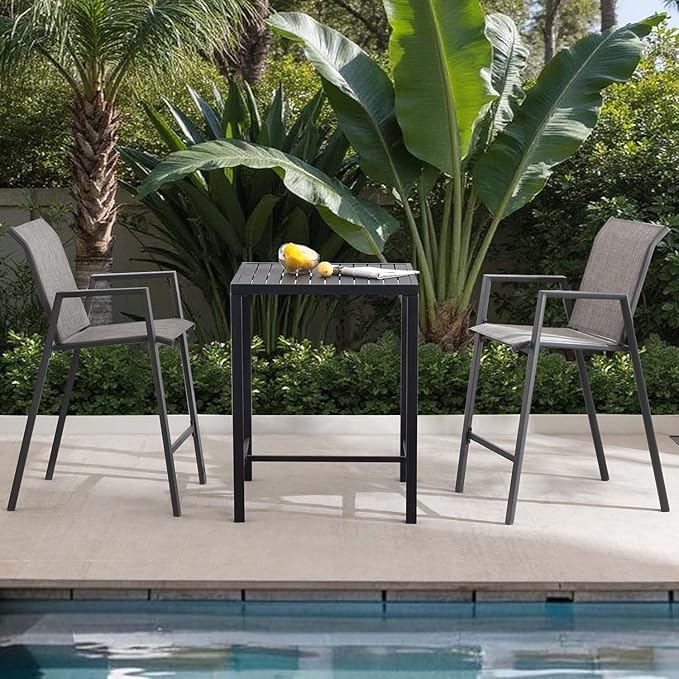 Outdoor Bar Stools Set of 2, 44'' Patio Bar Chairs with Textile High Back, Bar Height Chairs with Straight Armrest and Footrest, Grey