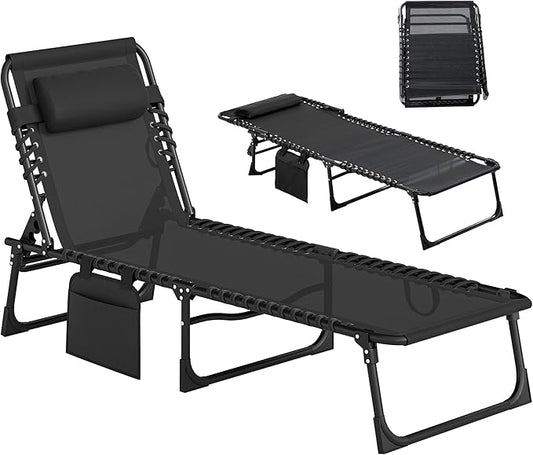 Outsunny Chaise Lounge Chair Outdoor, 5-Position Adjustable Sun Tanning Chair with Carrying Handle and Side Pocket, Folding Bed Cot with Removable Pillow for Garden, Beach, Patio, Pool, Camp, Black