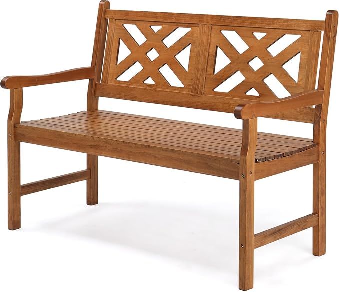 VINGLI 50" Outdoor Wood Bench, Weatehr Resistant Wooden Garden Patio Bench with Comfortable Backrest & Curved Armrest, 800lb Capacity Loveseat for Front Porch Park Yard Deck (Natural, Geometric)