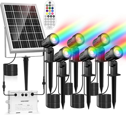 MEIKEE 6 in 1 RGB Solar Landscape Lights with Remote, RGB Color Changing LED Solar Spotlights, Outdoor Waterproof RGB Spot Lights for Garden Party Wedding Christmas Festival