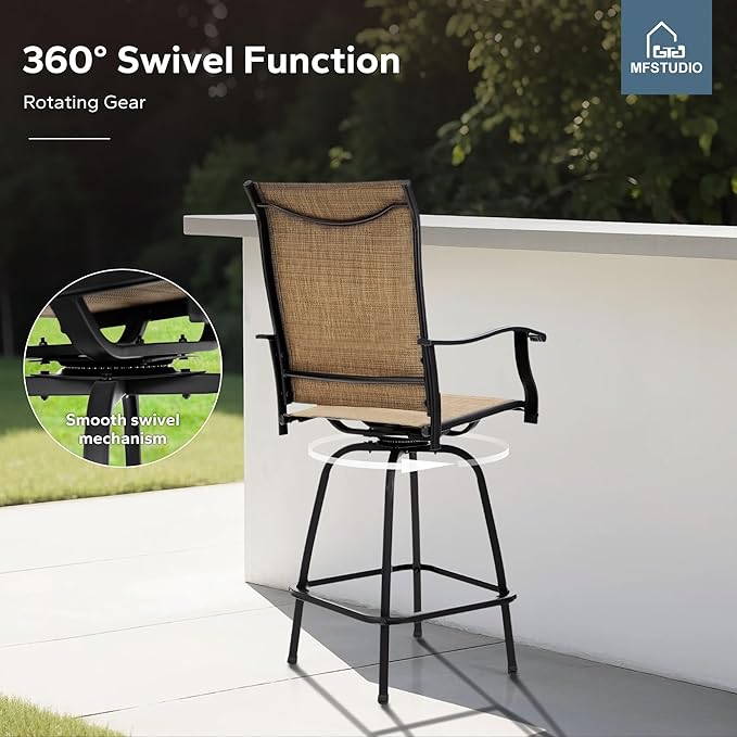 MFSTUDIO Outdoor Bar Stools Set of 6, Swivel Bar Height Patio Chairs Outdoor Barstools High Top Patio Swivel Bar Chairs, Breathable Textilene