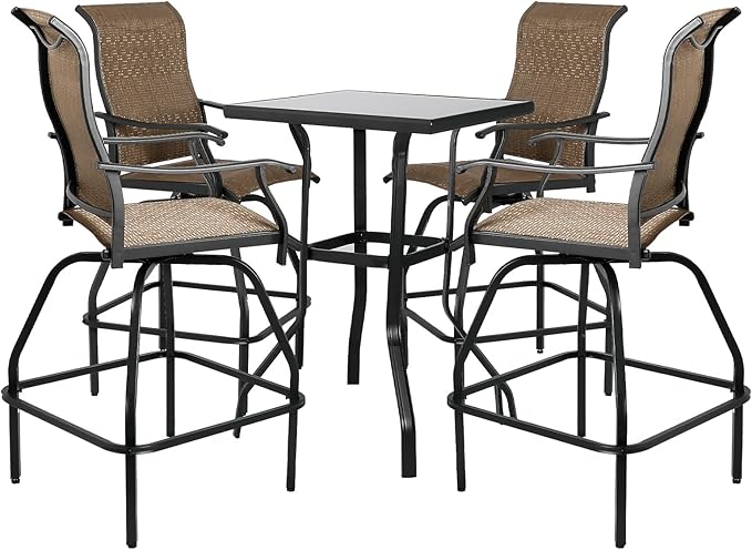 LEVELEVE Patio Bar Set 5pcs Swivel Bar Stools Outdoor Bistro Textilene Furniture Stability All-Weather Set with Height Table (5, Dark Brown Fabric)