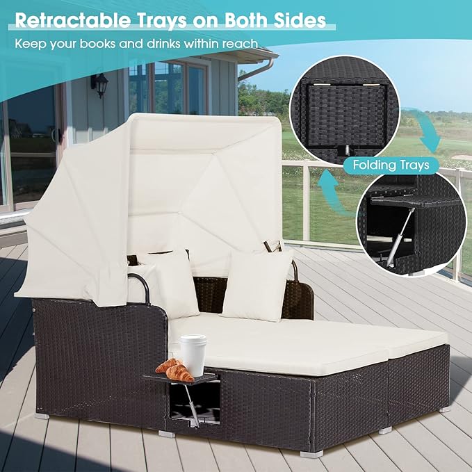 Moccha Outdoor Daybed with Retractable Canopy, Wicker Cabana with 2 Side Tables & Soft Cushions ,Hand-Woven PE Rattan Bed Lounger, Patio Sectional Furniture Set for Garden Backyard Porch (Off White)