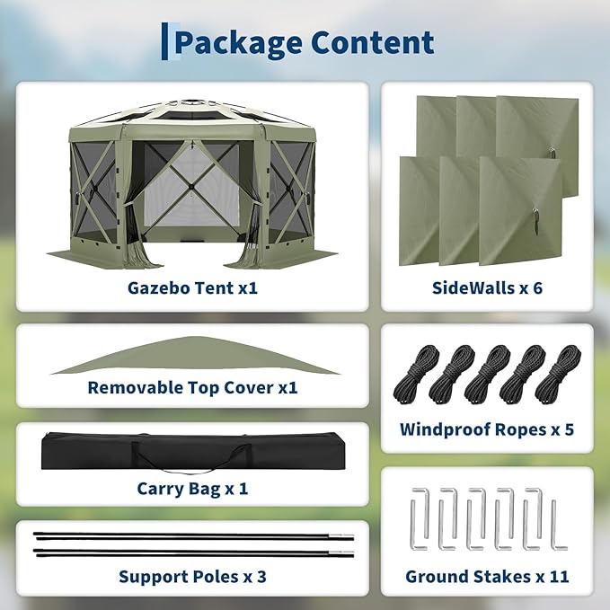 13x13FT 6-Sided Pop Up Gazebo Tent，One-Push Setup Canopy Tent with Removable Canopy Top & Wind Cloths, Outdoor shelter for Camping, Backyard Parties, Outdoor Events - Army Green