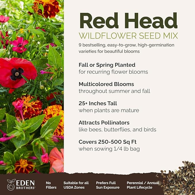 Eden Brothers Red Head Wildflower Mixed Seeds for Planting, 1/4 lb, 120,000+ Seeds with Maltese Cross, Scarlet Flax | Attracts Pollinators, Plant in Spring or Fall, Zones 3, 4, 5, 6, 7, 8, 9, 10