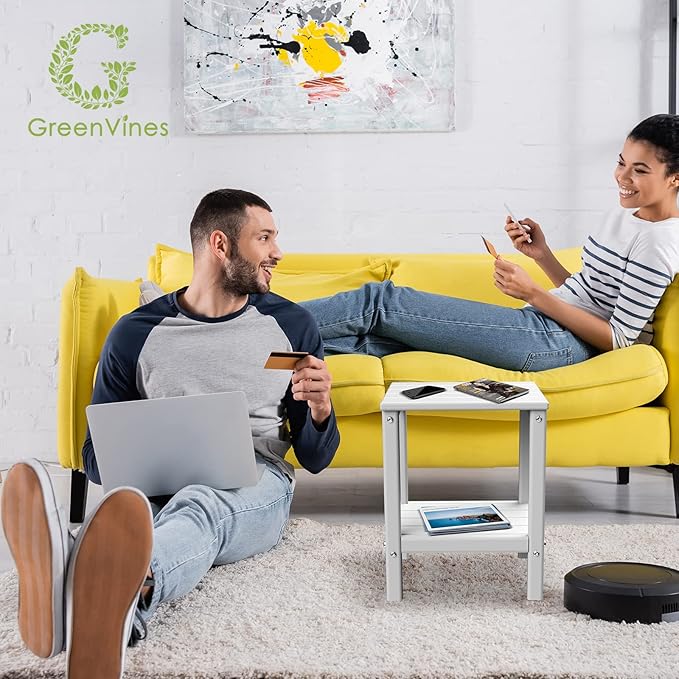 GREENVINES Adirondack-Outdoor-Side-Table | Set of 4 | 14 x 13 Inches | HDPE Plastic | All Weather | White | Outside End Tables | Storage Shelf | for Patio Porch Backyard Indoor