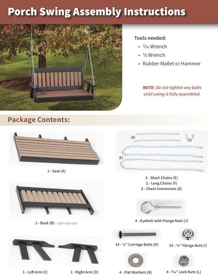 Poly Lumber Wood 4FT Mission Porch Swing Amish Craftsmandship Made in USA HDPE with No Wood fibers 1000 lbs Limit. Stainless Steel Hardware.Signature Design for Patio Outdoor Backyard Garden Park