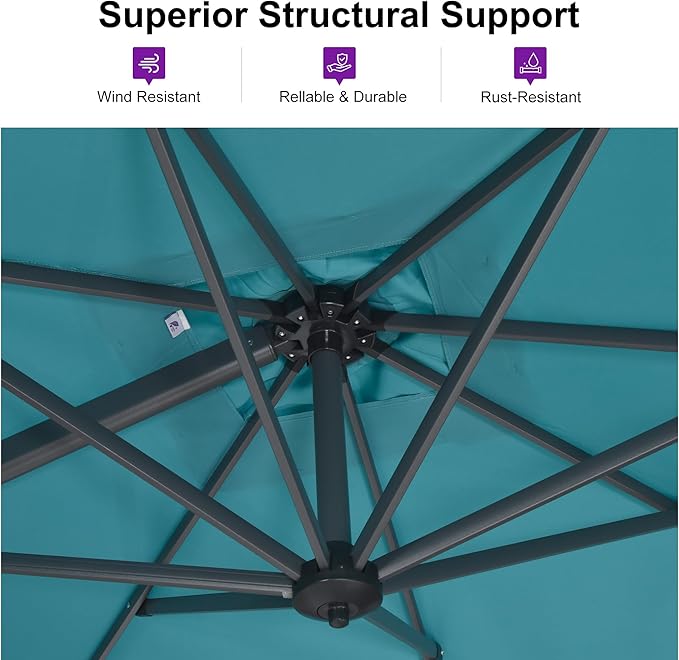 PURPLE LEAF 10' X 13' Patio Umbrella Outdoor Cantilever Rectangle Umbrella Aluminum Offset Umbrella with 360-degree Rotation for Garden Deck Pool Patio, Turquoise Blue