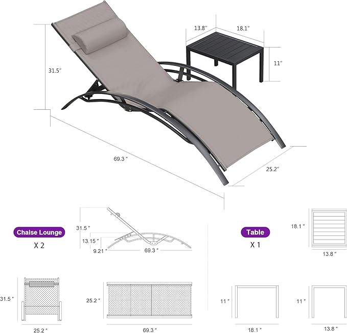 PURPLE LEAF Patio Chaise Lounge Set of 3 Outdoor Lounge Chair Beach Pool Sunbathing Lawn Lounger Recliner Outside Tanning Chairs with Arm for All Weather, Side Table Included, Taupe