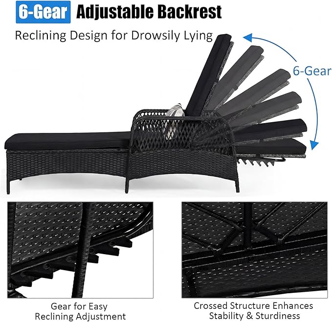 Tangkula Wicker Chaise Lounge Outdoor Set of 2, Patio Rattan Reclining Chaise with 6-Gear Adjustable Backrest, Thick Padded Cushion & Removable Lumbar Pillow, Pool Lounge Chairs (Black)