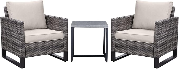 Belord Outdoor Bistro Set 3 Piece Outdoor Wicker Patio Chairs, Oversize Outdoor Rattan Seating Set, All-Weather Chairs Wicker Furniture with Metal Side Table and Water-Resistant Cushion for Outside