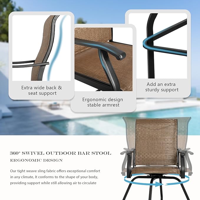LEVELEVE Patio Bar Set 5pcs Swivel Bar Stools Outdoor Bistro Textilene Furniture Stability All-Weather Set with Height Table (5, Dark Brown Fabric)