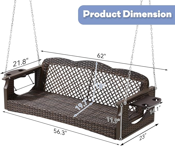 3 Seat Porch Swing, Wicker Patio Swing with Cup Holders & 3 Back Cushions, Yard Swing with Chains for Deck Garden Backyard,Brown Rattan, Blue Cushion, 56-inch