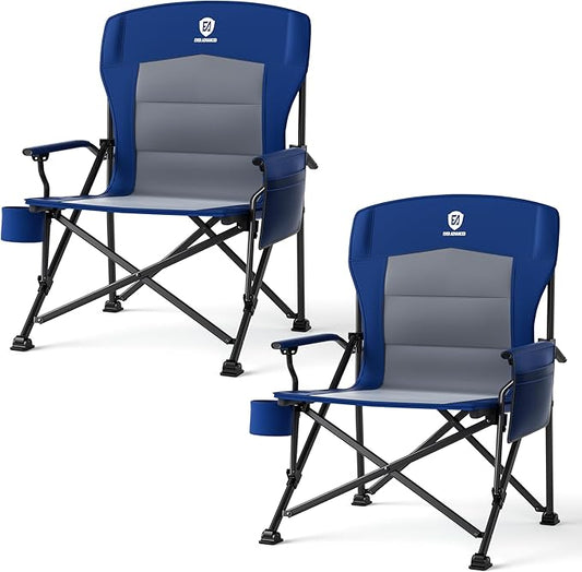 EVER ADVANCED Oversized Folding Camping Chair for Adults, Heavy Duty Lawn Chair with Side Pockets, Portable Collapsible Quad Chair for Outside, Support Up to 500lbs, Blue 2PACK