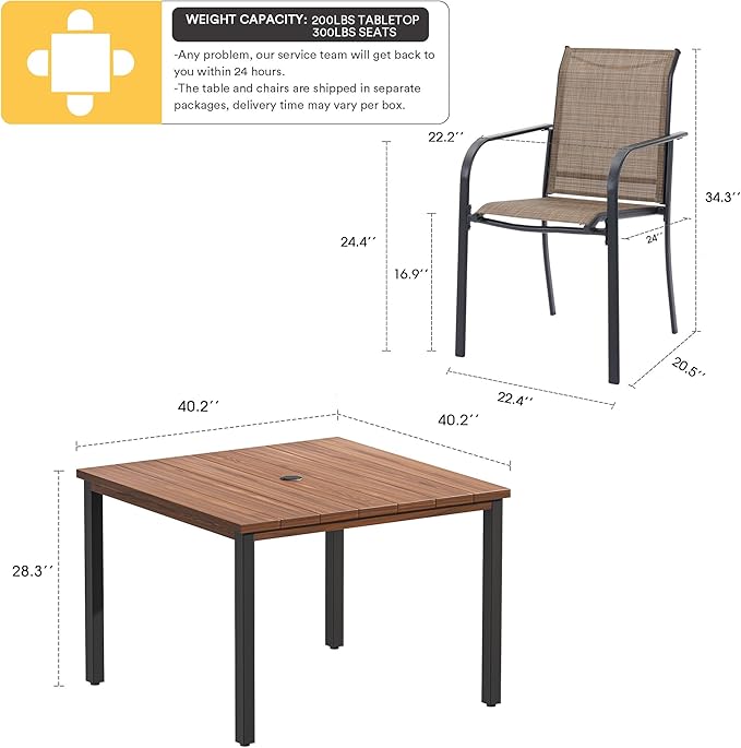 VICLLAX Outdoor Dining Set for 4, 5 Pieces Patio Dining Furniture Set with Umbrella Hole- 40.2" Patio Table and Chairs for Balcony, Garden and Deck, Walnut Tabletop