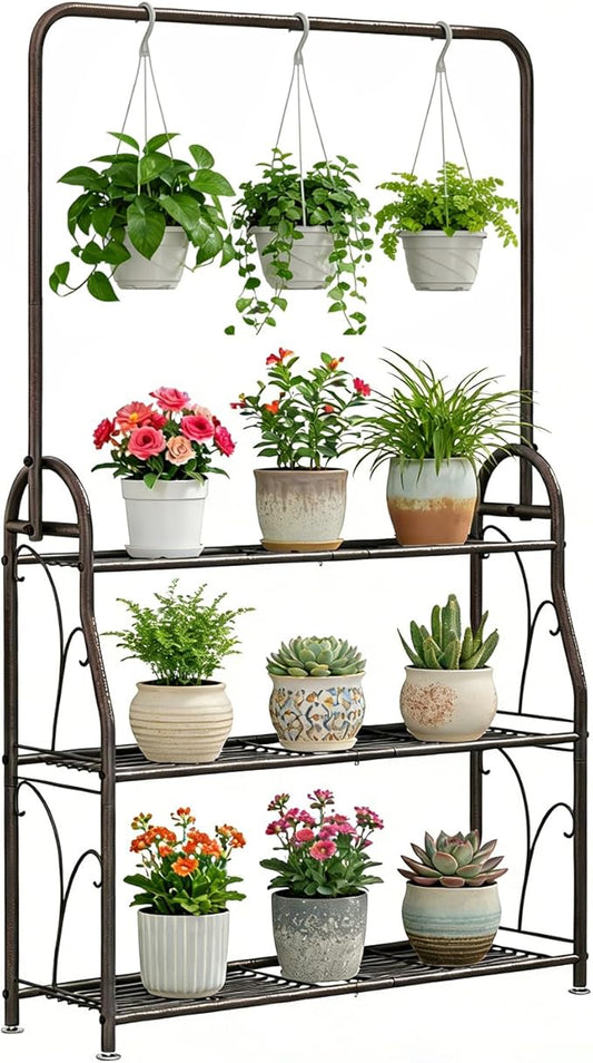 SORCEDAS Plant Stand Indoor Outdoor 3 Tier Tall Corner Hanging Shelf Metal Flower Stands Ladder Holder for Living Room Balcony Garden Patio Multiple Plants, Bronze