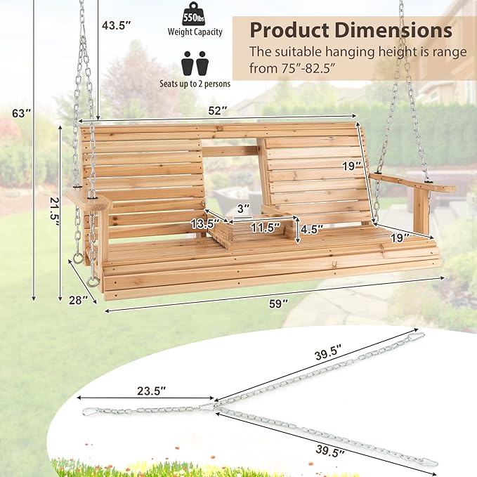 Tangkula 2 Person Hanging Porch Swing, Outdoor Bench Swing with Adjustable Chains, Foldable Cup Holders, High Back, Cozy Armrests, Wooden Hanging Swing Chair for Backyard Deck Garden Natural