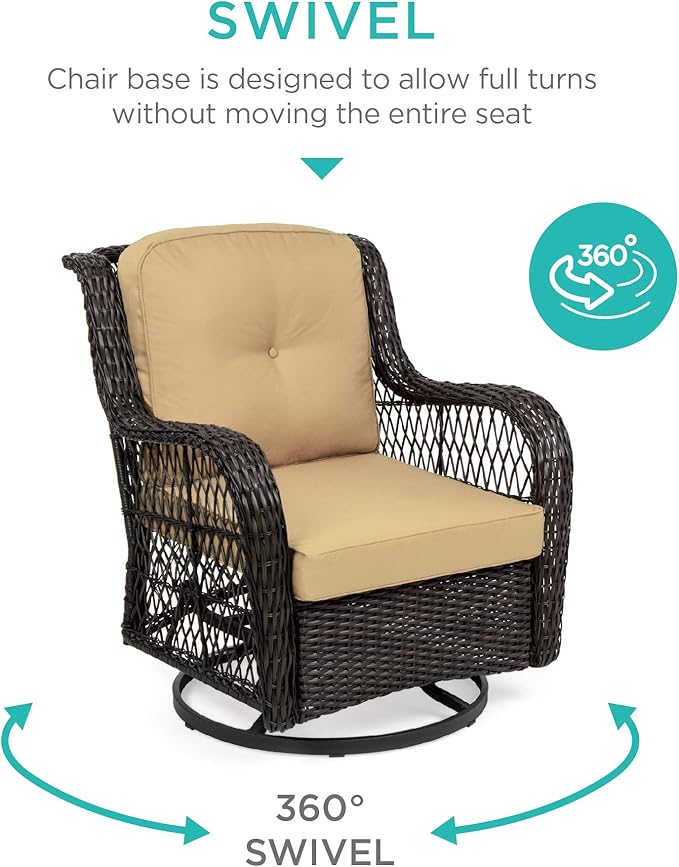 Best Choice Products 3-Piece Outdoor Wicker Patio Bistro Set w/ 2 360-Degree Swivel Rocking Chairs and Tempered Glass Top Side Table - Beige