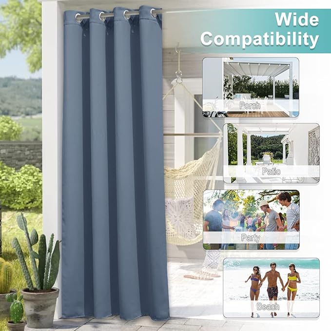 NICETOWN Outdoor Patio Curtain W66 x L95 inch, Blackout Waterproof Drape Light & Draft Blocking for Both Indoor & Outdoor Usage Privacy Gazebo Porch Covering, 1 Panel, Stone Blue