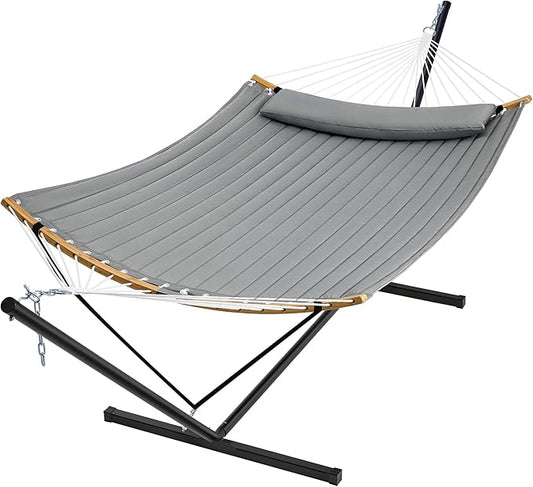 SUPERJARE Hammock with Stand, 2 Person Heavy Duty Hammock Frame, Detachable Pillow & Strong Curved-Bar & Portable Carrying Bag, Perfect for Outdoor & Indoor - Gray