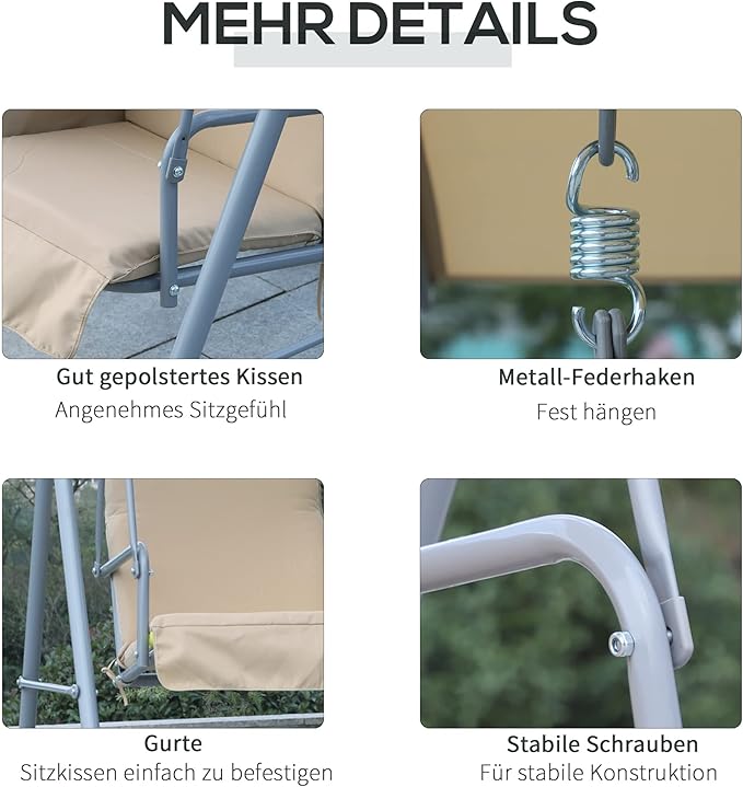 Outsunny 2 Person Porch Swing with Stand, Outdoor Swing with Canopy, Pivot Storage Table, 2 Cup Holders, Cushions for Patio, Backyard, Beige
