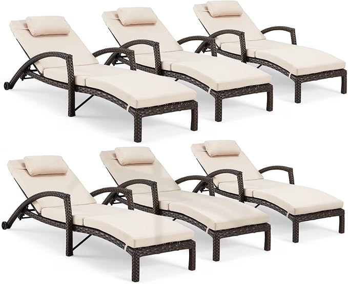 HOMREST Chaise Lounge Chairs Set of 6, PE Rattan Wicker Lounge Chair with Arm and Wheels for Poolside,Khaki