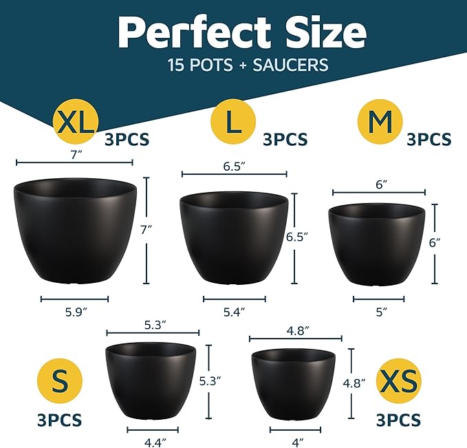 Black Plant Pots with Drainage Holes & Saucers 15 Pack, Indoor & Outdoor Stackable Space-Saving Planters for Houseplants & Flowers, (7", 6.7", 6", 5.3", and 4.8" Inches), Durable & Weatherproof