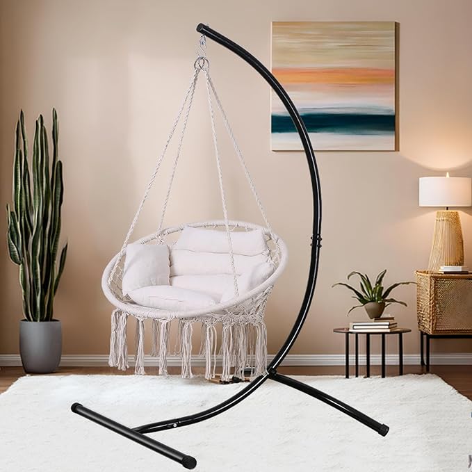 Goutime Hammock Chair, Macrame Hanging Swing Chairs with Cushion and Hardware Kit,Adult Boho Swings for Outside,Patio,Balcony,Bedroom (Beige)