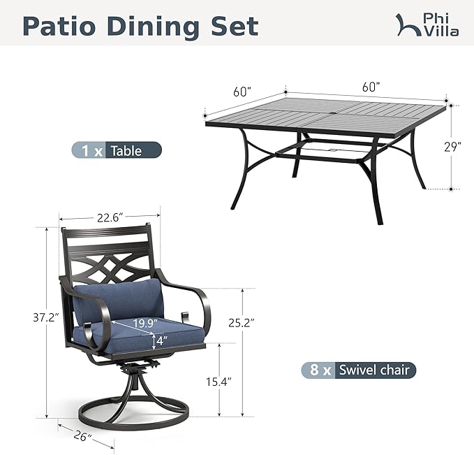 PHI VILLA 9 Pieces Outdoor Dining Set for 8, 60" Square Metal Table with Umbrella Hole & Wrought Iron Swivel Chairs, All Weather Outside Furniture with Blue Cushions & Pillows for Patio, Deck, Porch