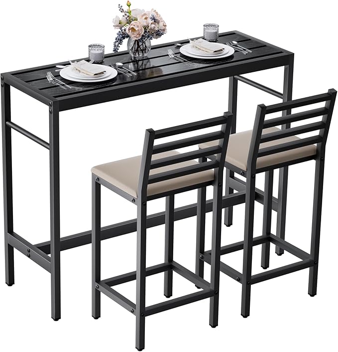 3 Piece Outdoor Patio Bar Set, 50" Rectangular Counter Height High Top Bar Table Patio Bar Set, 2 Cushioned 41" Bar Stools Modern Metal Outdoor Bar Set for Poolside, Balcony, Backyard, Porch