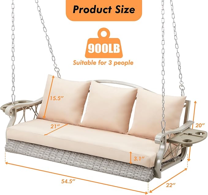 3-Person Wicker Porch Swing Chair Heavy Duty 900 LBS Outdoor Rattan Patio Swing Chair w/Cup-Holder & Steel Chains Hanging Bench Porch Swing Cushions for Deck & Backyard & Garden