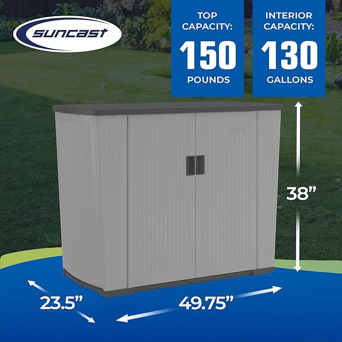 Suncast 130-Gallon Backyard Oasis Basic Unit Lockable Outdoor Storage Cabinet, Peppercorn, Made in the USA