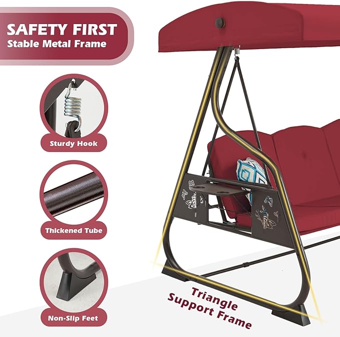 3-Seat Patio Porch Swing 800LBS Outdoor Swing with Stand w/Canopy & Adjustable Backrest Patio Glider Chair w/Removable Pillows & Foldable Side Tray for Balcony Garden Deck (Wine Red)