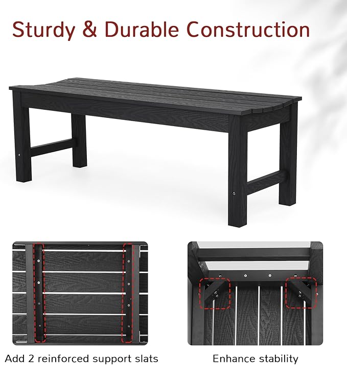 Stoog Outdoor Bench, 2-Person Patio Backless Bench, All-Weather HIPS Garden Bench, Never Rot or Fade, for Backyard, Porch, Patio, Deck, and Entryway, Black