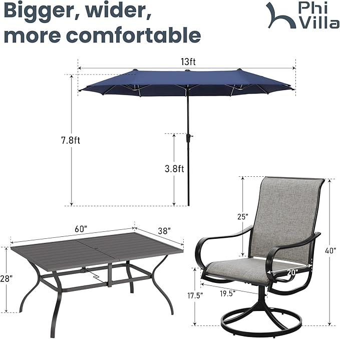 PHI VILLA 8 PCS Patio Dining Set with 13ft Blue Patio Table Umbrella for 6, 1 Rectangle Metal Table and 6 Outdoor Swivel Patio Chairs, Garden Dining Fruniture Set for Lawn Deck(No Umbrella Base)