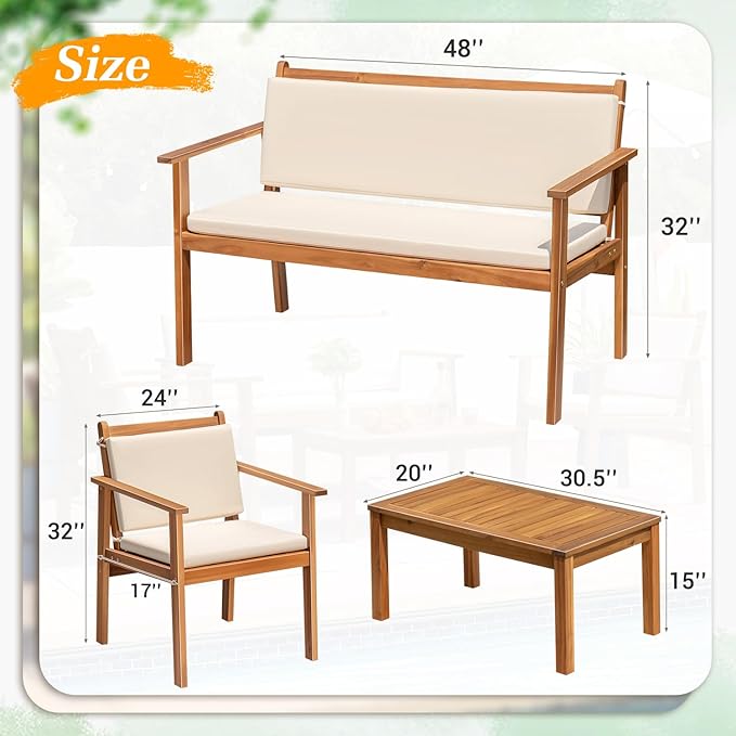 Greesum Outdoor Patio Furniture, 4 Piece Bistro Sofa Set with Coffee Table and Loveseat, Acacia Wood Conversation Sets with Cushions, for Garden, Backyard, Poolside, White