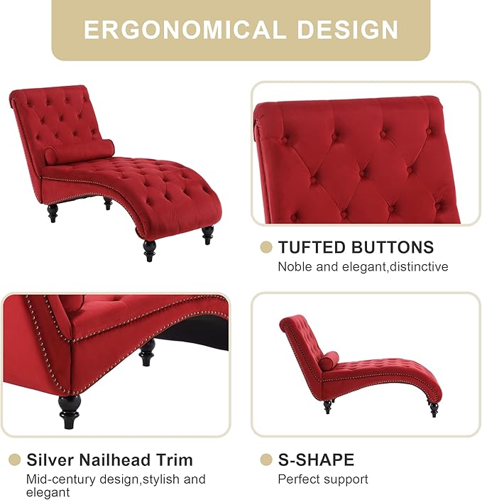 Chaise Lounge Indoor,Velvet Upholstered Lounge Chair Button-Tufted Armless Chair with Pillow, for Bedroom Living Room Office Modern Backrest Leisure Recliner Sleep Sofa,Red