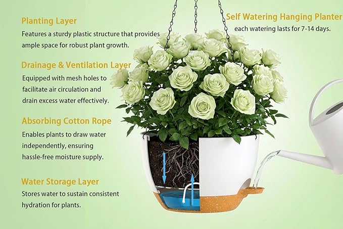 Hanging Planters, 3-Pack 10 Inch Self-Watering Pots with Drainage Holes and Chains, Matte Plastic Planters for Indoor/Outdoor Plant（White Brown）