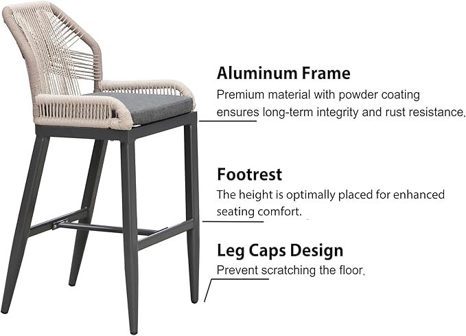 PURPLE LEAF Patio Bar Stool Counter Height Set of 2 Outdoor Rattan Chairs with Back Modern Aluminum Woven Barstools for Garden Indoor Kitchen Gray