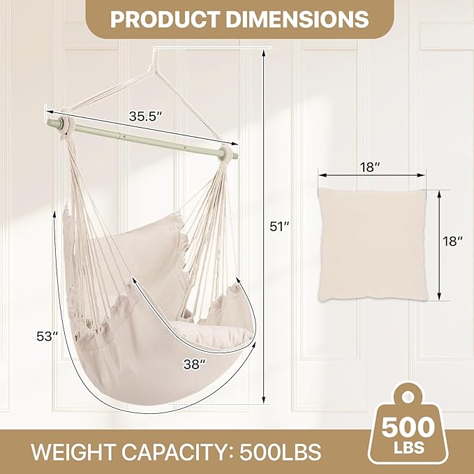 MoNiBloom Hammock Chair Hanging Rope Swing w/2 Cushions, Boho Macrame Hanging Chair Max 350 lbs Capacity w/Side Pocket for Adults Indoor/Outdoor, Living Room Bedroom Comfy Reading Swinging Chair