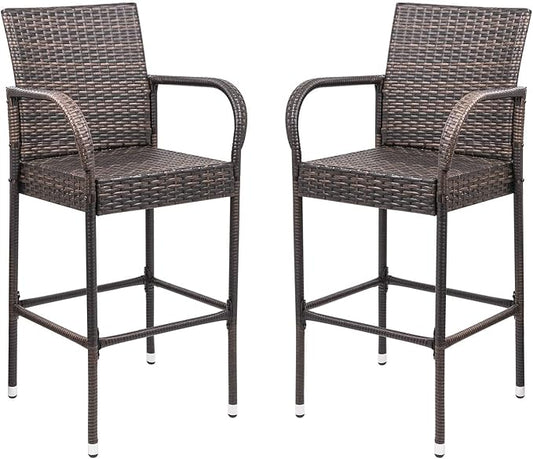 Homall Patio Bar Stools Wicker Barstools Indoor Outdoor Bar Stool Patio Furniture with Footrest and Armrest for Garden Pool Lawn Backyard Set of 2 (Brown)