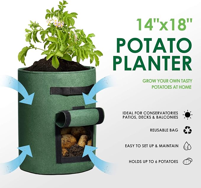 Delxo 10 Pack 10 Gallon Potato Grow Bags,Grow Bags for Vegetable with Window, Double Layer Premium Breathable Nonwoven Cloth for Potato/Plant Container/Aeration Fabric Pots with Handles in Green